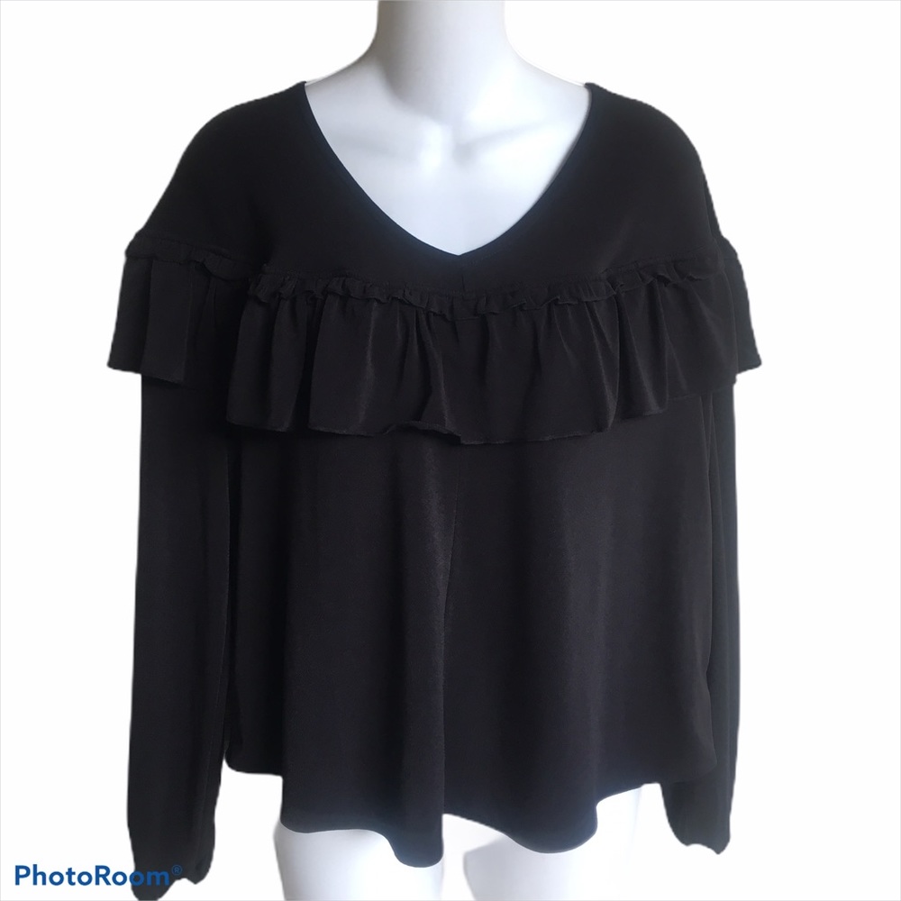 NWT Black Kaari Blue Ruffle V-neck Stretch Top Black Long Sleeve Small